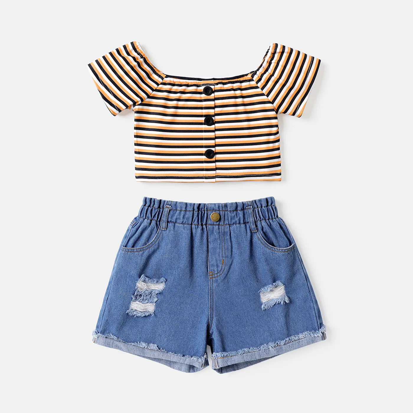 2pcs Kid Girl Stripe Cold Shoulder Tee and Ripped Denim Shorts Set COLOREDSTRIPES big image 1