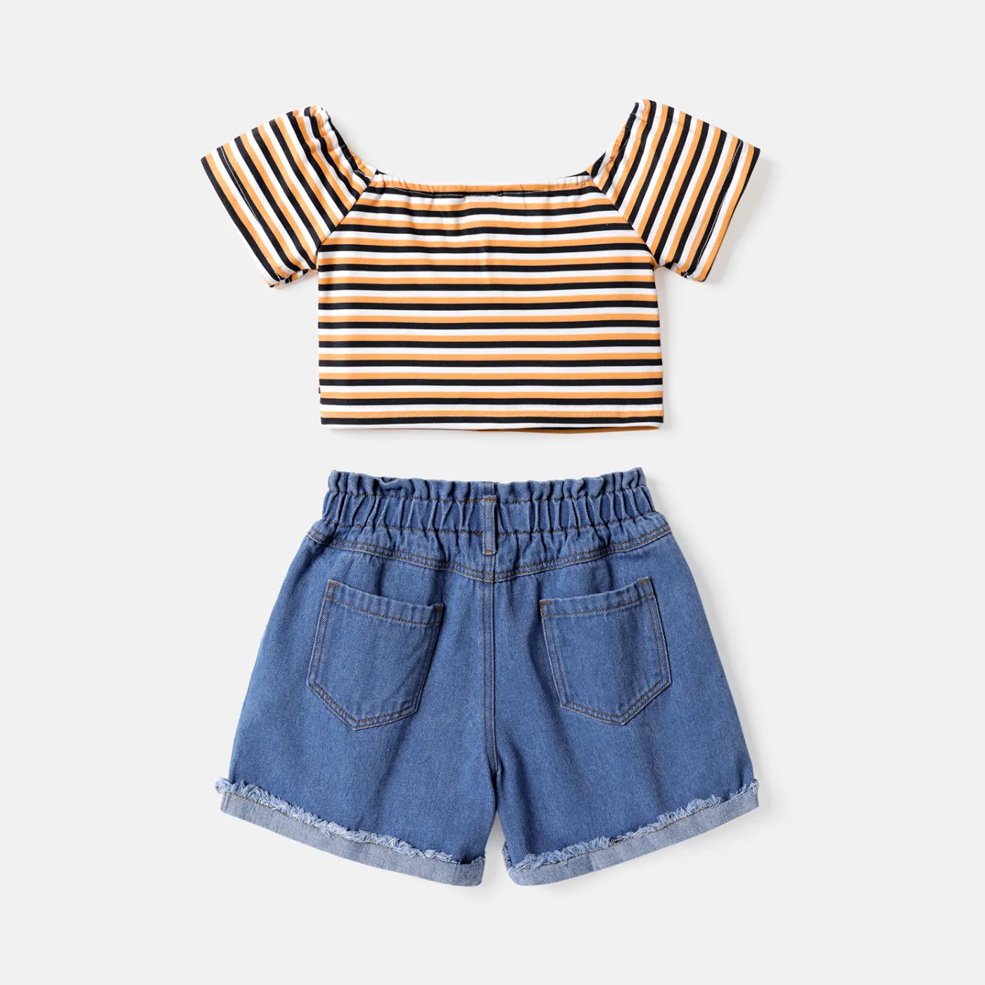 2pcs Kid Girl Stripe Cold Shoulder Tee and Ripped Denim Shorts Set COLOREDSTRIPES image 2