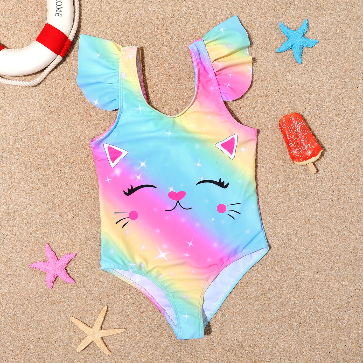 

Kid Girl Kitty Print Ruffled Sleeveless Onepiece Swimsuit