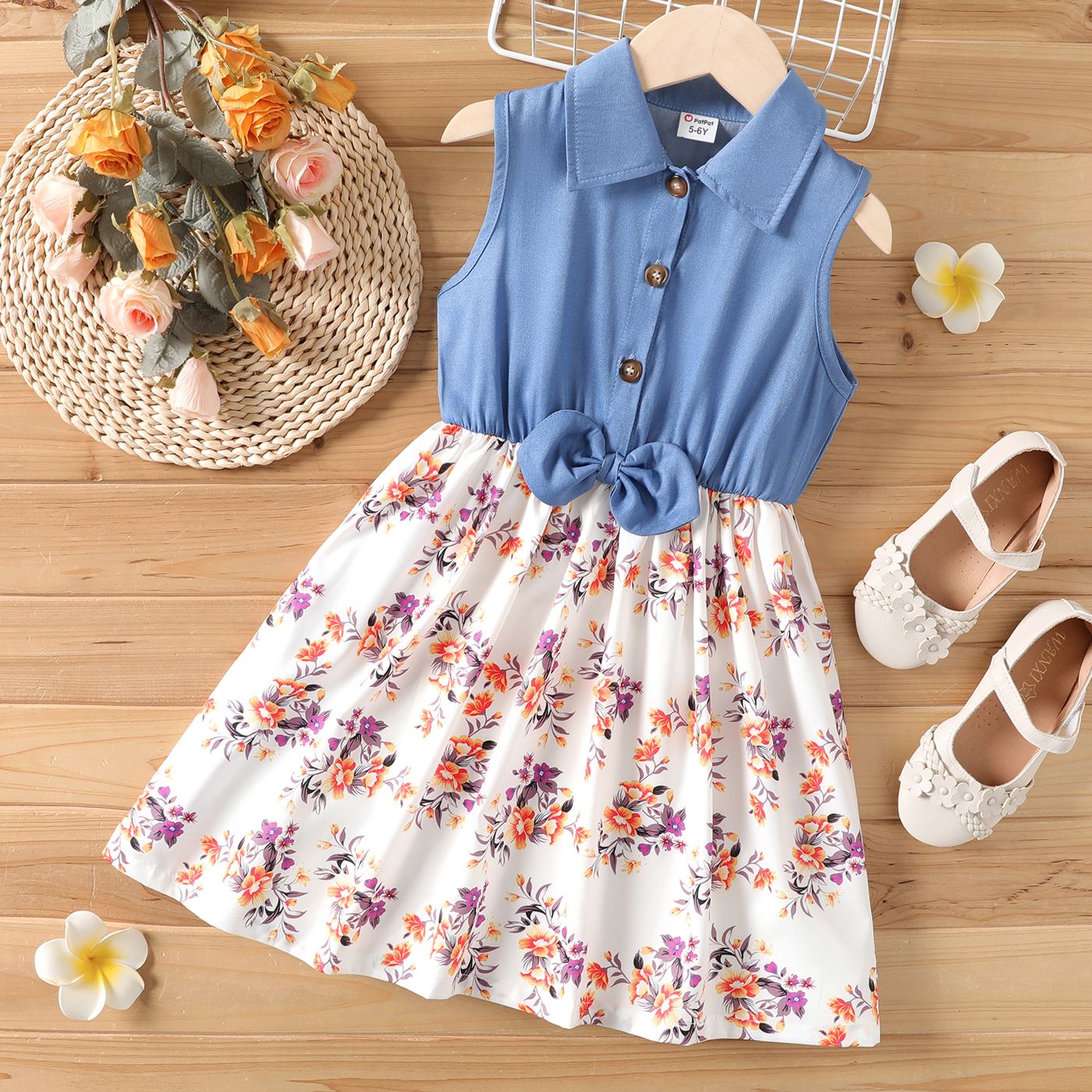 

Kid Girl Floral Print Denim Splice 3D Bowknot Design Sleeveless Dress