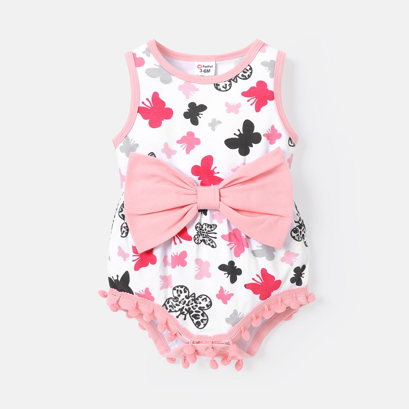 

Baby Girl Butterfly Print Bow & Pom Pom Decor Cotton Tank Bodysuit