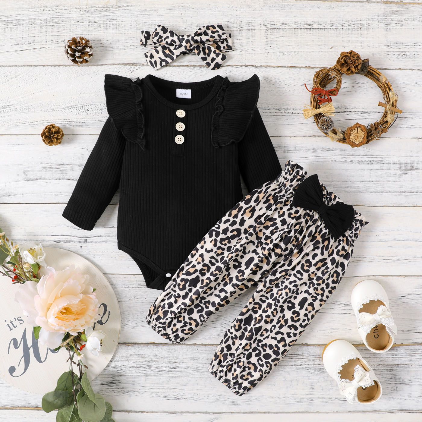 

3pcs Baby Girl Solid Rib Knit Ruffle Trim Long-sleeve Romper and Bow Print Leopard Print Pants with Headband Set