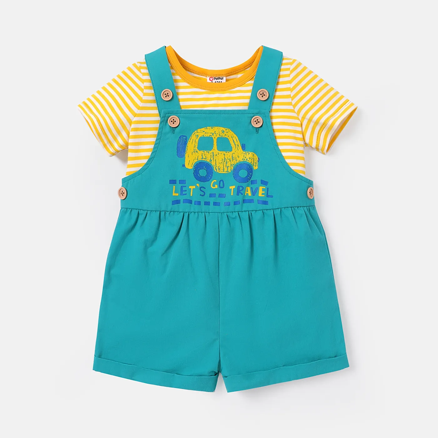 2pcs Baby Girl/Boy 95% Cotton Stripe Short-sleeve Tee and 100% Cotton Vehicle Graphic Overall Romper Set  image 3
