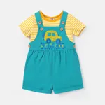 2pcs Baby Girl/Boy 95% Cotton Stripe Short-sleeve Tee and 100% Cotton Vehicle Graphic Overall Romper Set  image 3