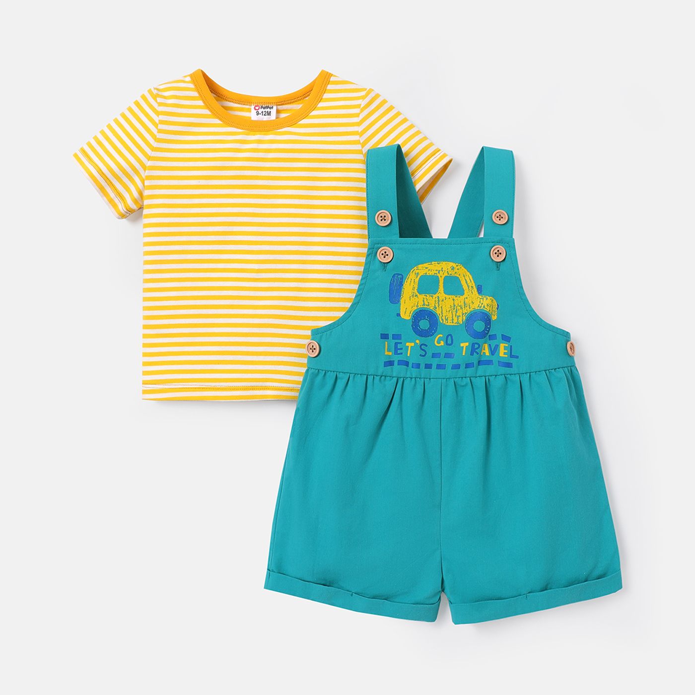 2pcs Baby Girl/Boy 95% Cotton Stripe Short-sleeve Tee And 100% Cotton Vehicle Graphic Overall Romper Set