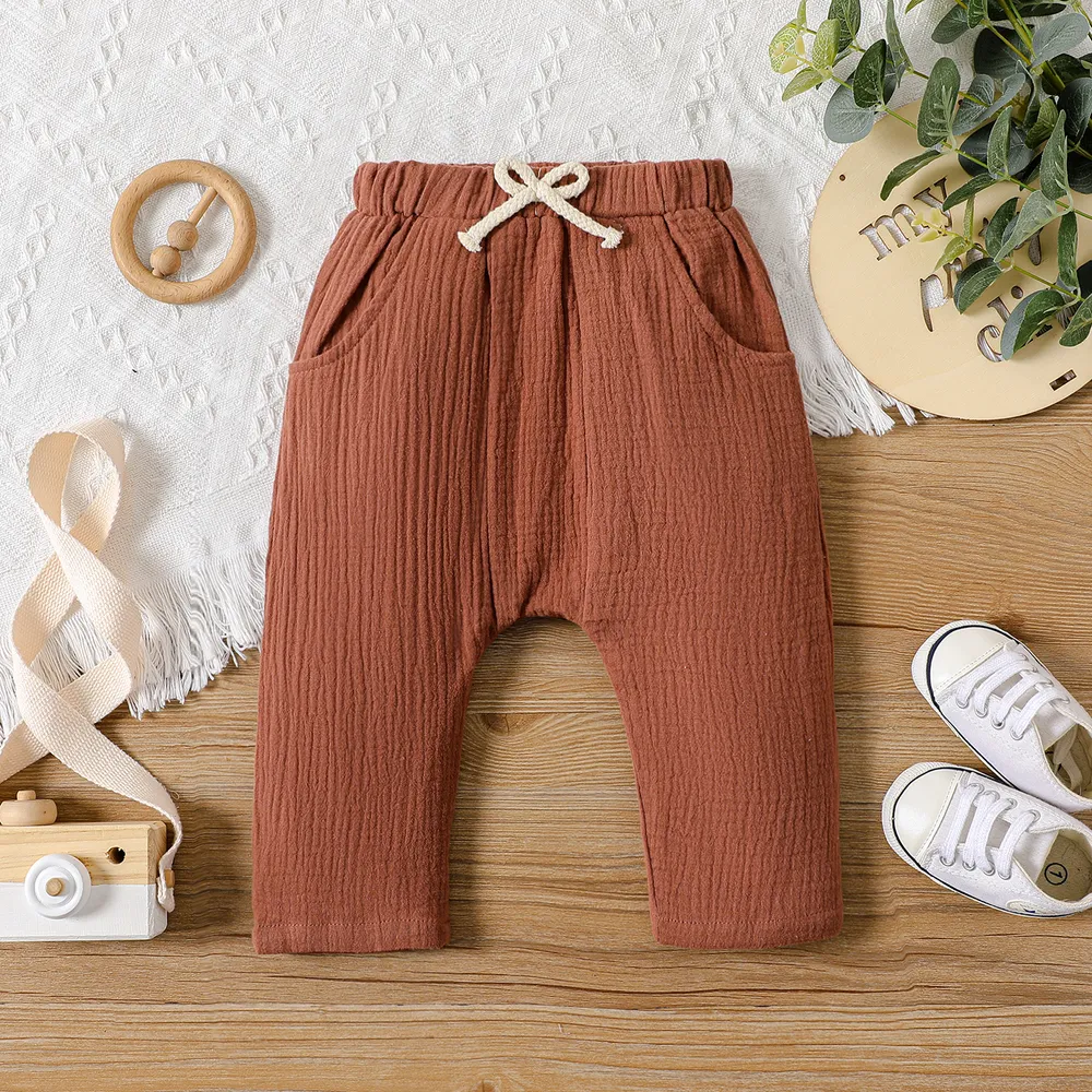 pantalone harem in vita elasticizzato a righe crêpe marrone/kaki per neonato/bambino  big image 1