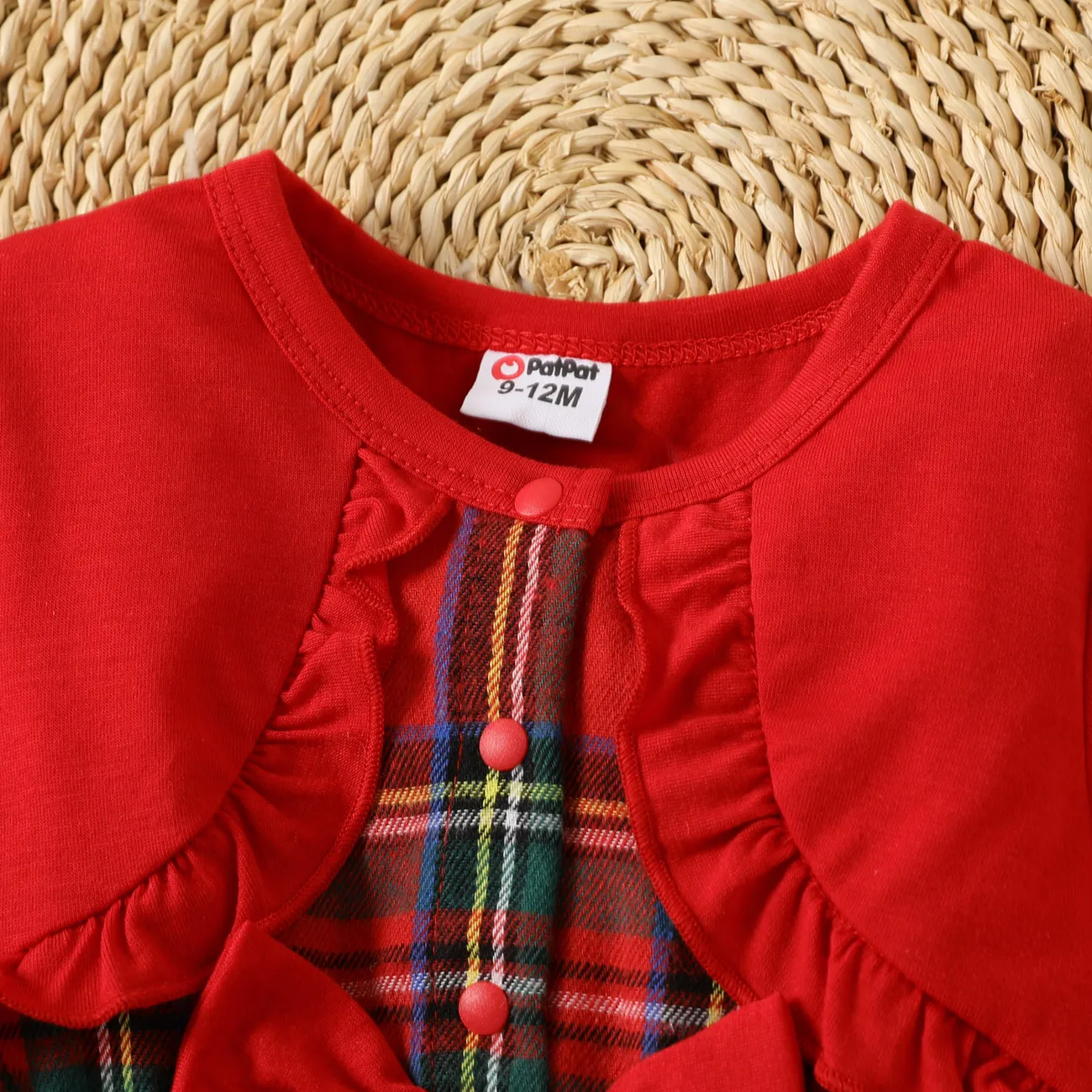 Baby Girl Red Faux-two Long-sleeve Ruffle Trim Bow Front Plaid Dress Red big image 1