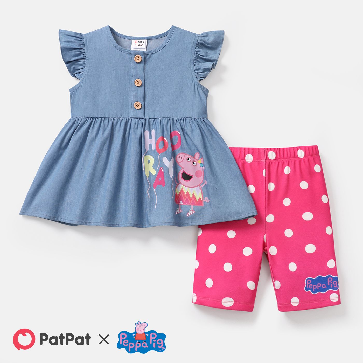 

Peppa Pig Toddler Girl 2pcs 100% Cotton Ruffle Hem Flutter-sleeve Top & Polka Dots Leggings Shorts Set