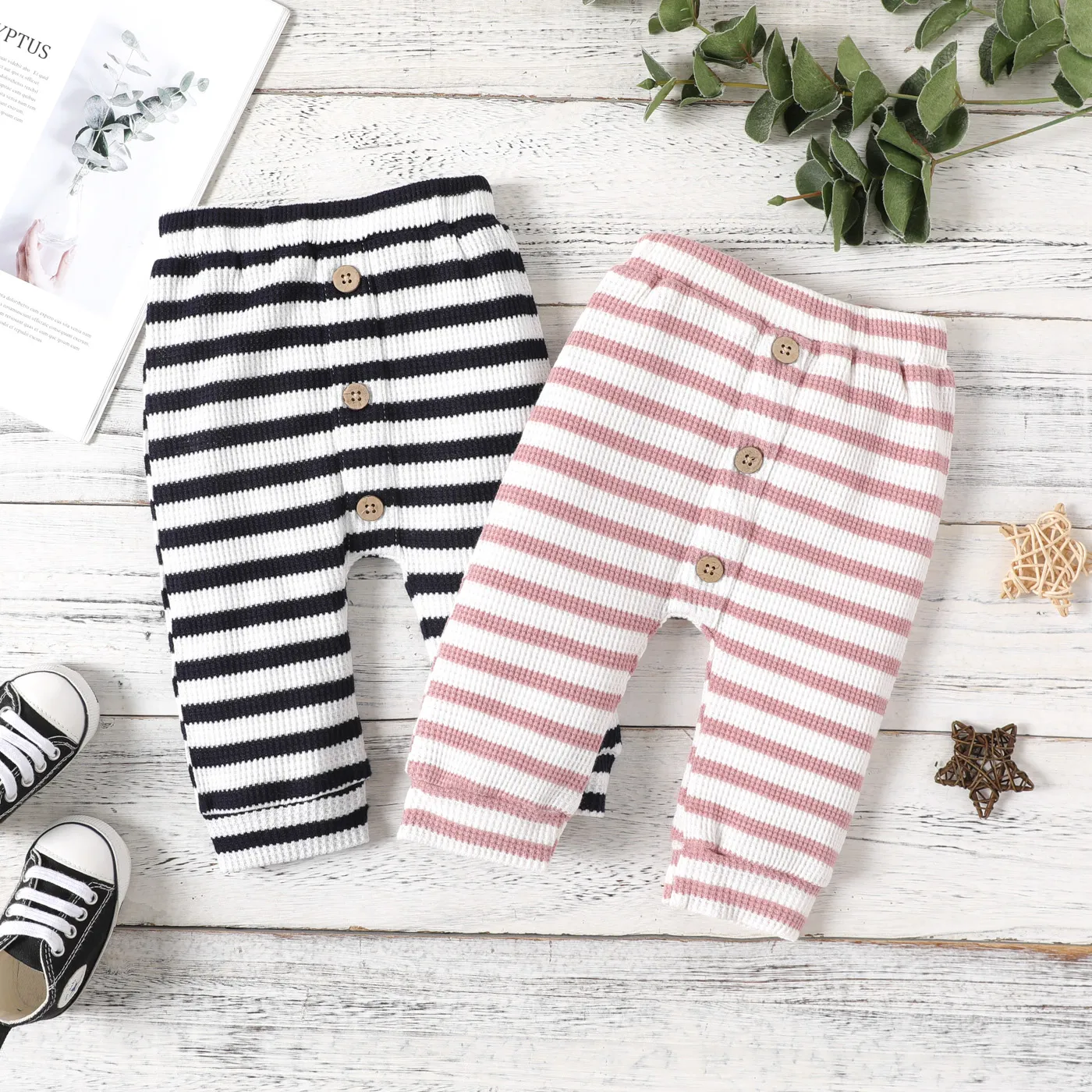 Baby Girl Button Design Striped Waffle Pants Leggings
