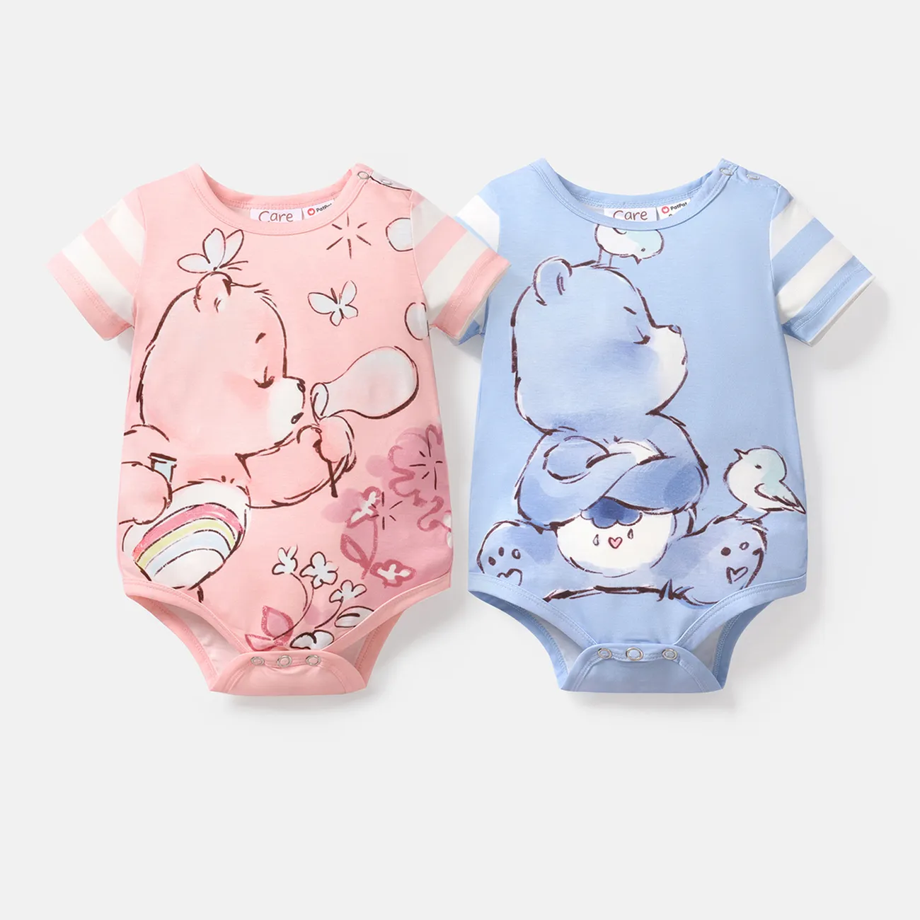 Care Bears Baby Boy/Girl Striped Short-sleeve Graphic Naia™ Romper Light Pink big image 1