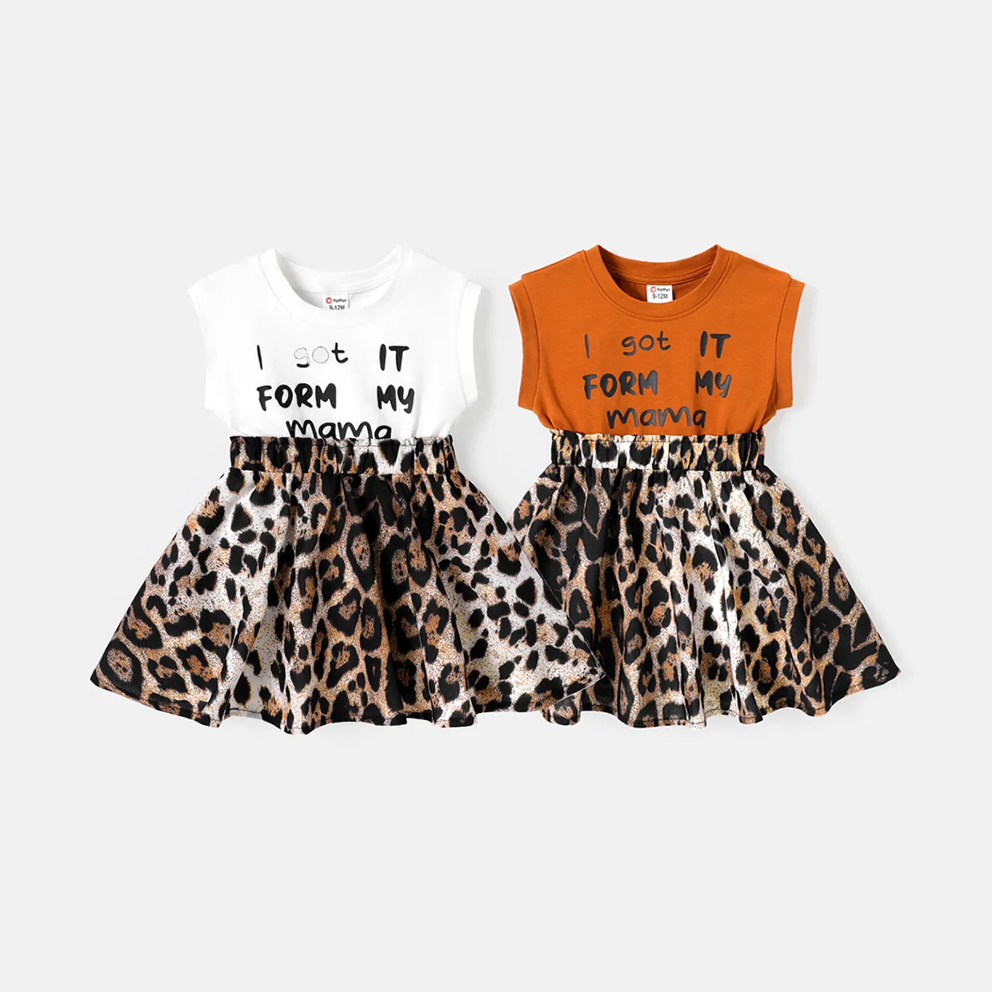 Baby Girl Cotton Cap-sleeve Letter & Leopard Print Spliced Dress