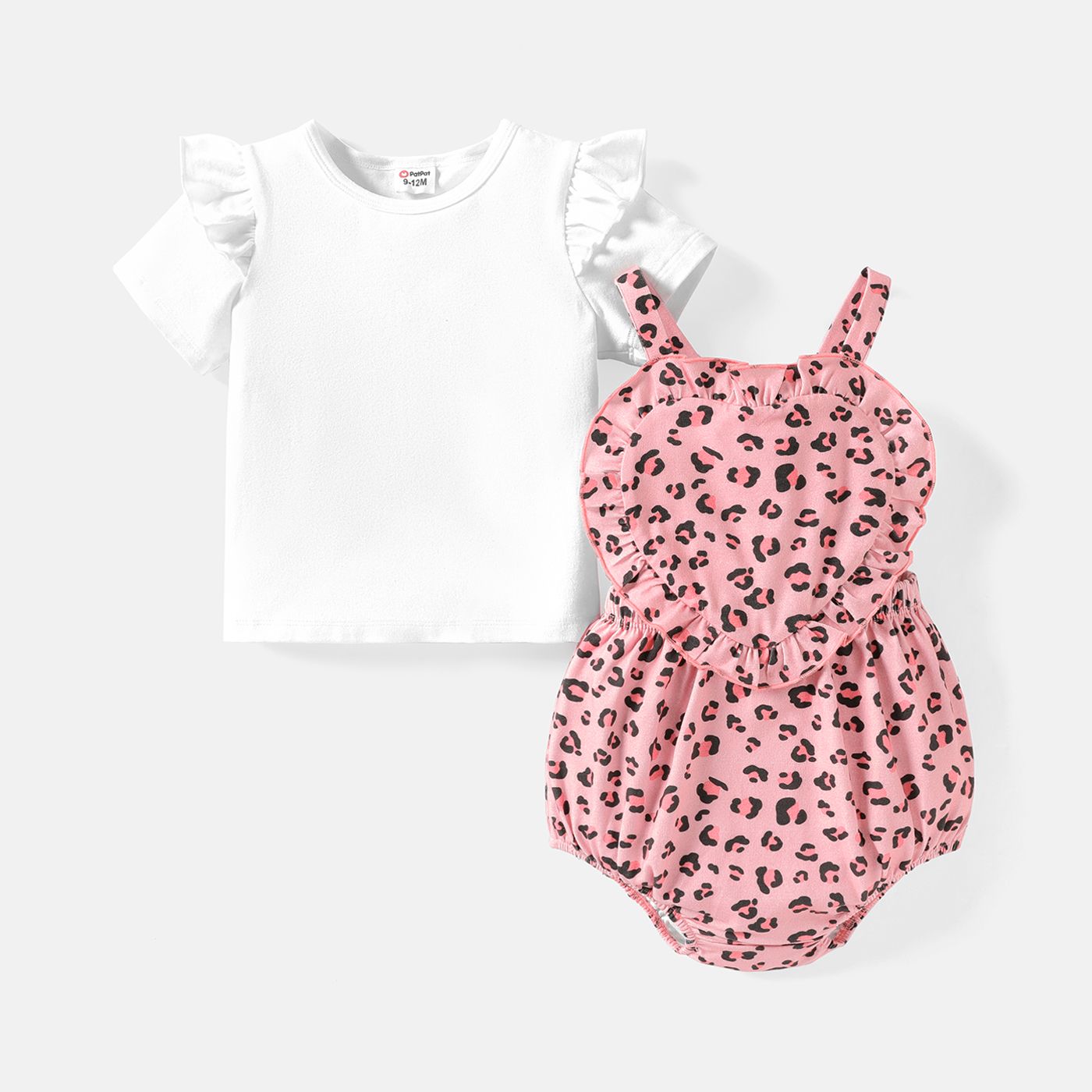 2pcs Baby Girl Ruffle Trim Short-sleeve White Cotton Tee Et Leopard Cami Bodysuit Set
