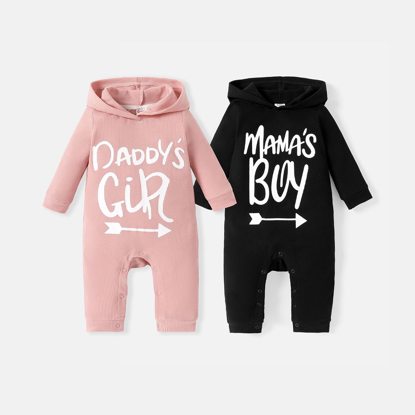 Baby Boy/Girl Letter Print Waffle Textured Hooded Long-sleeve Jumpsuit