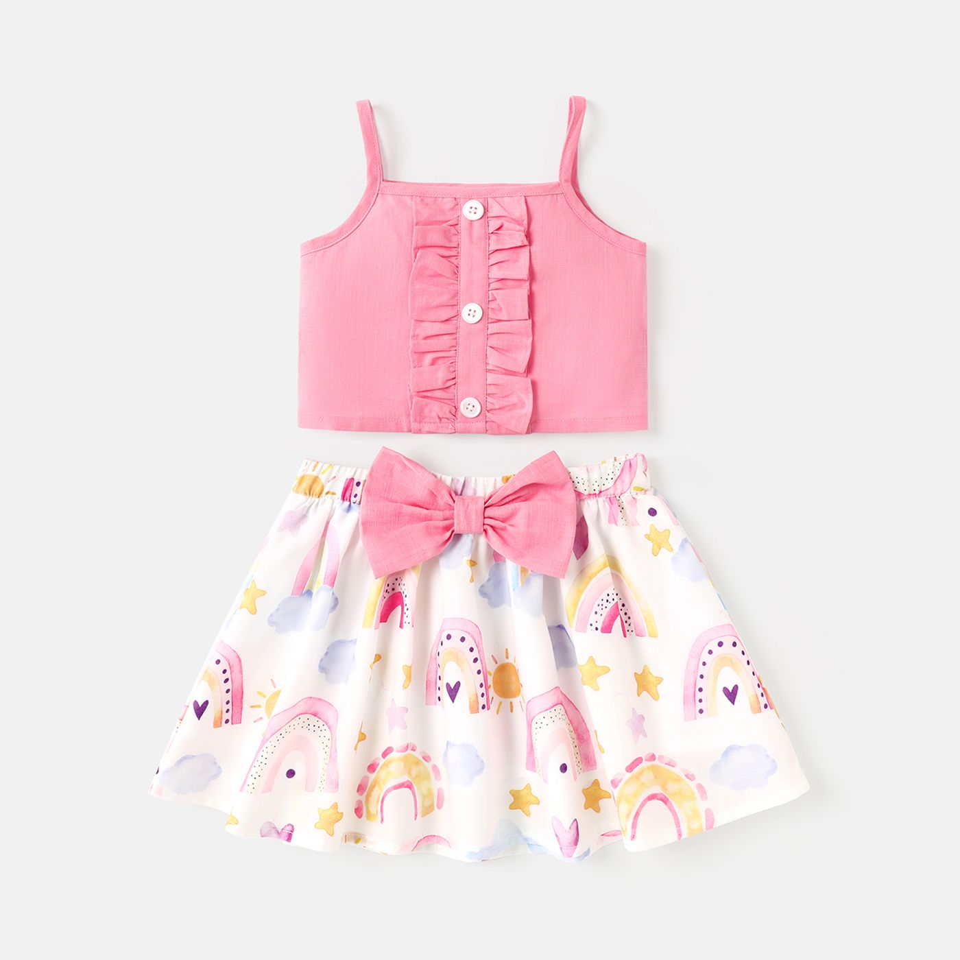 2pcs Baby Girl 100% Cotton Ruffle Trim Cami Top And Allover Print Bow Front Skirt Set
