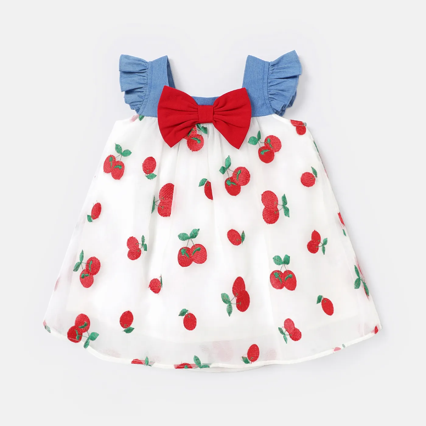 Baby Girl Cherry Print Bow Robe à Manches Volantes Avant