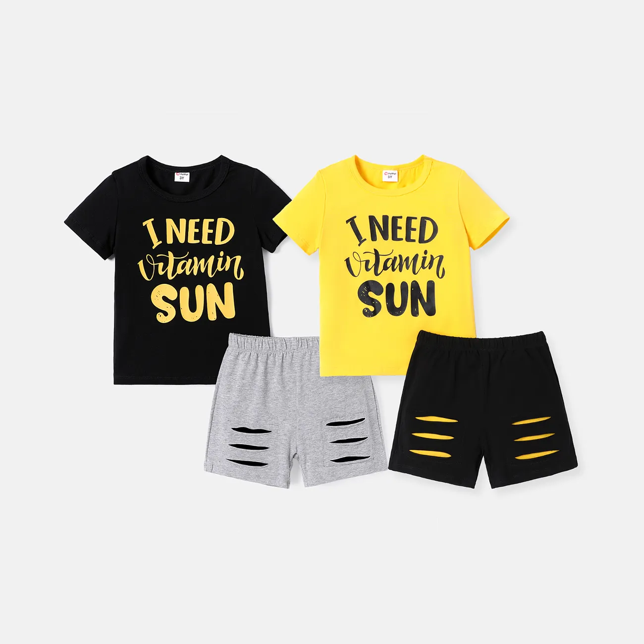 2pcs Toddler Boy Letter Print Cotton Short-sleeve Tee and Ripped Shorts Set  big image 1