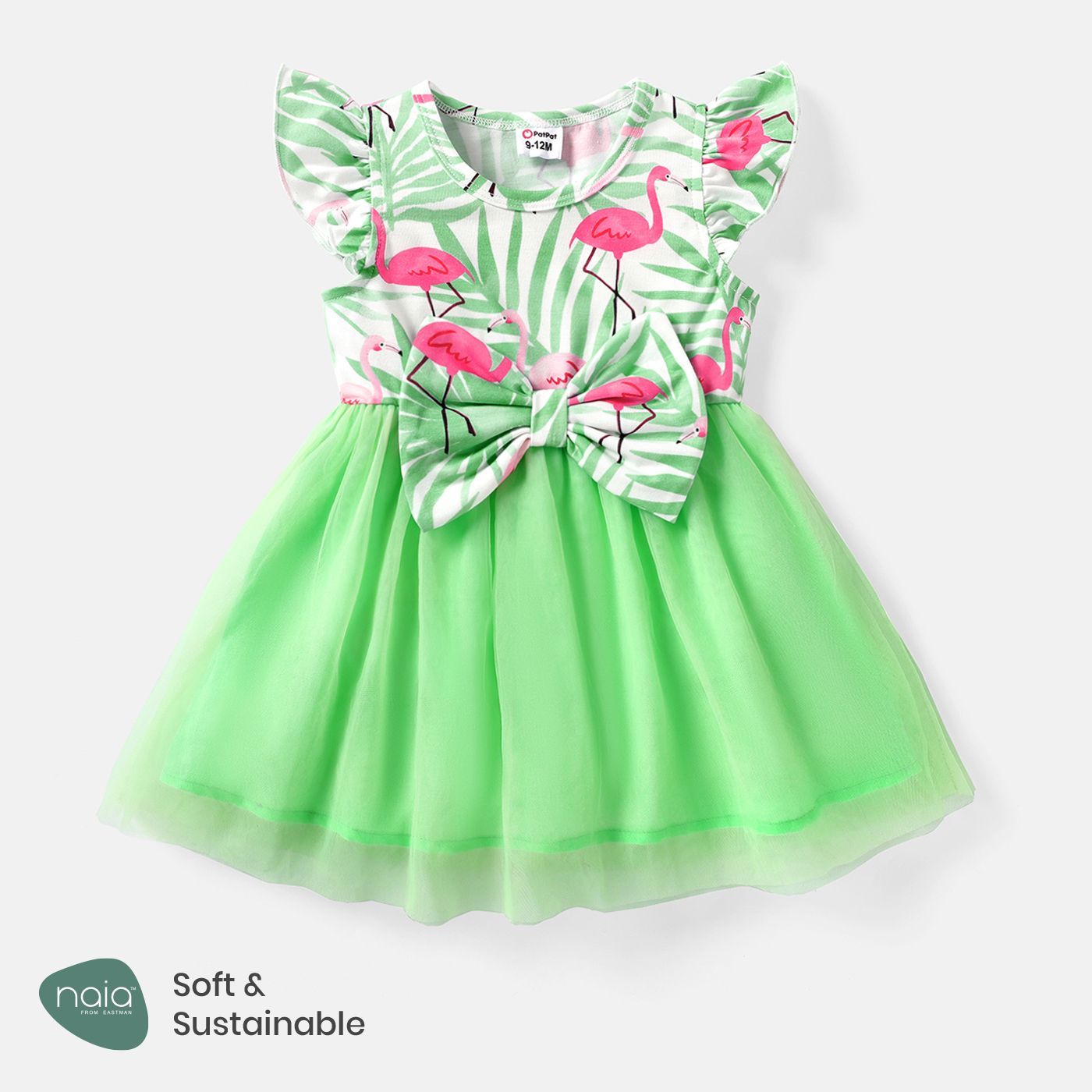 Baby Girl Naia™ Flamingo Print Bow Front Flutter-sleeve Mesh Panel Dress