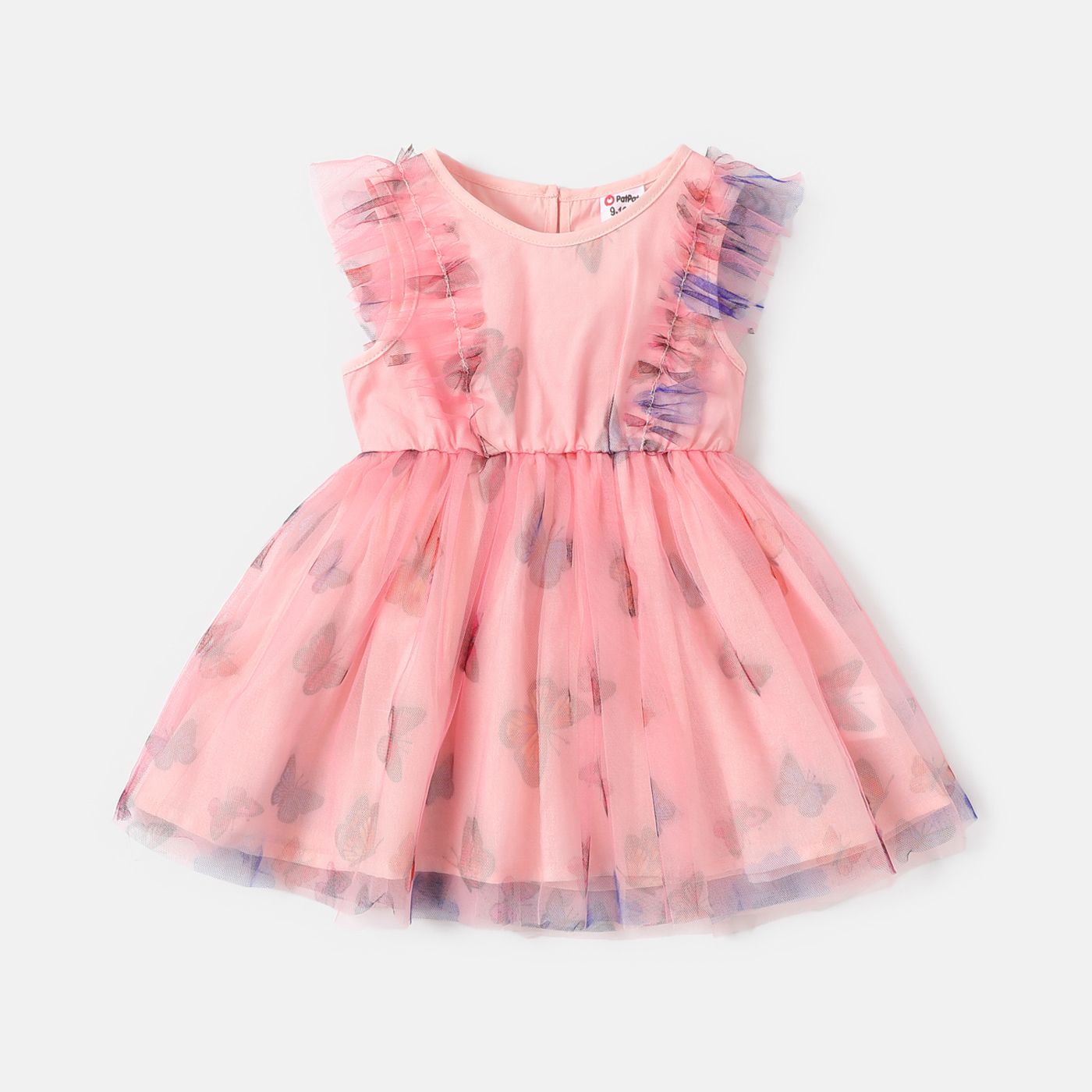 Baby Girl Butterfly Pattern Lace Trim Mesh Overlay Dress