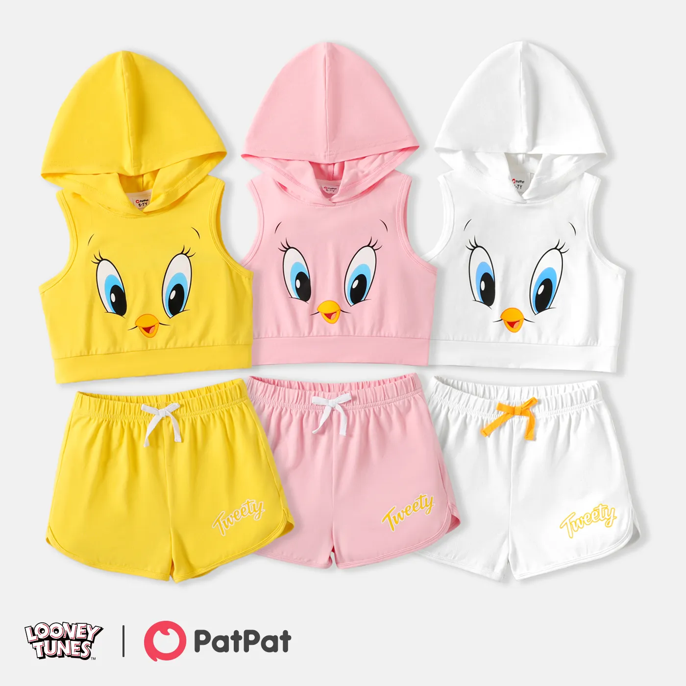 Looney Tunes 2pcs Kid Girl Tweety Sleeveless Cotton Hooded Tee and Elasticized Shorts Set