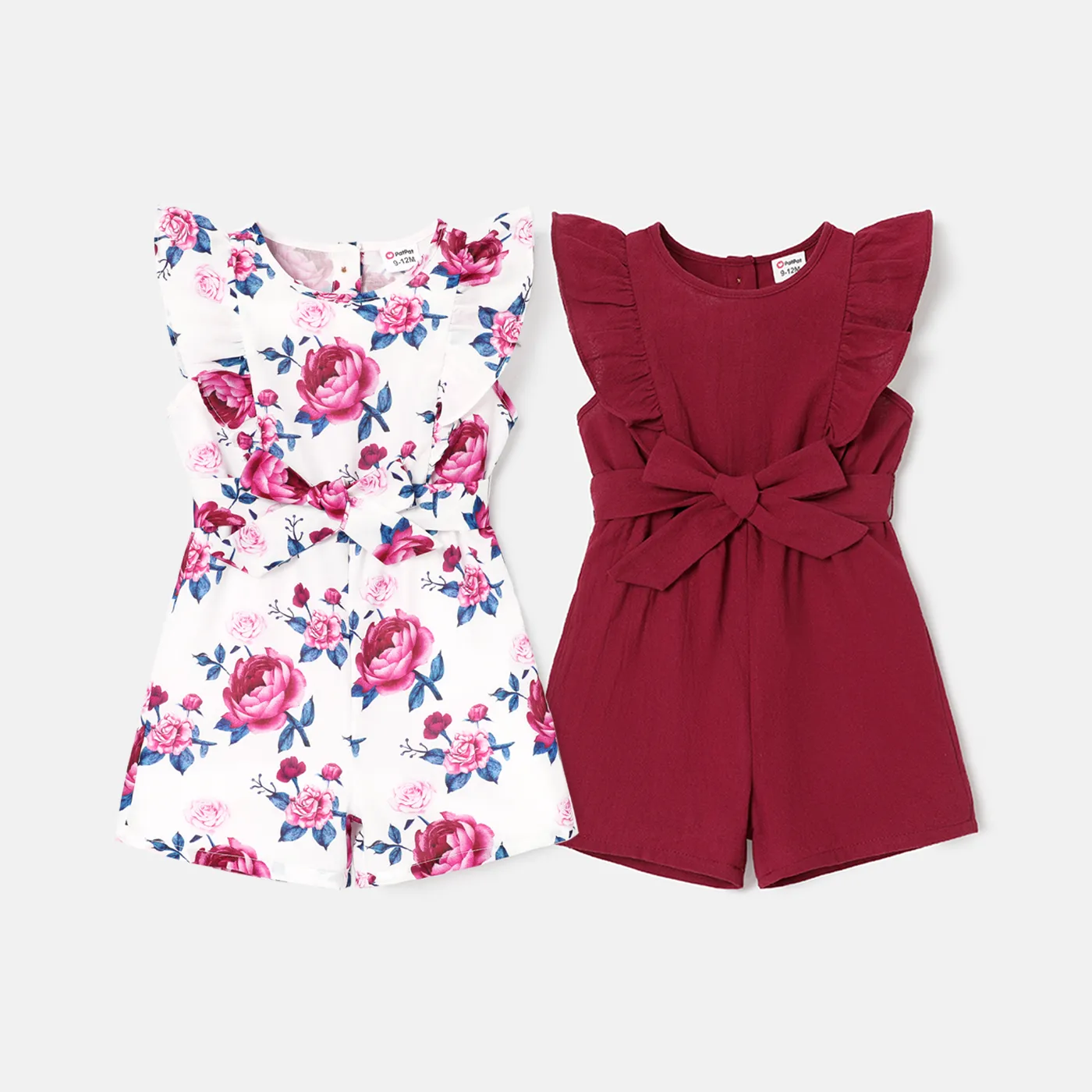Baby Girl 100% Cotton Solid or Floral Print Ruffle Trim Sleeveless Romper Deep Magenta image 2