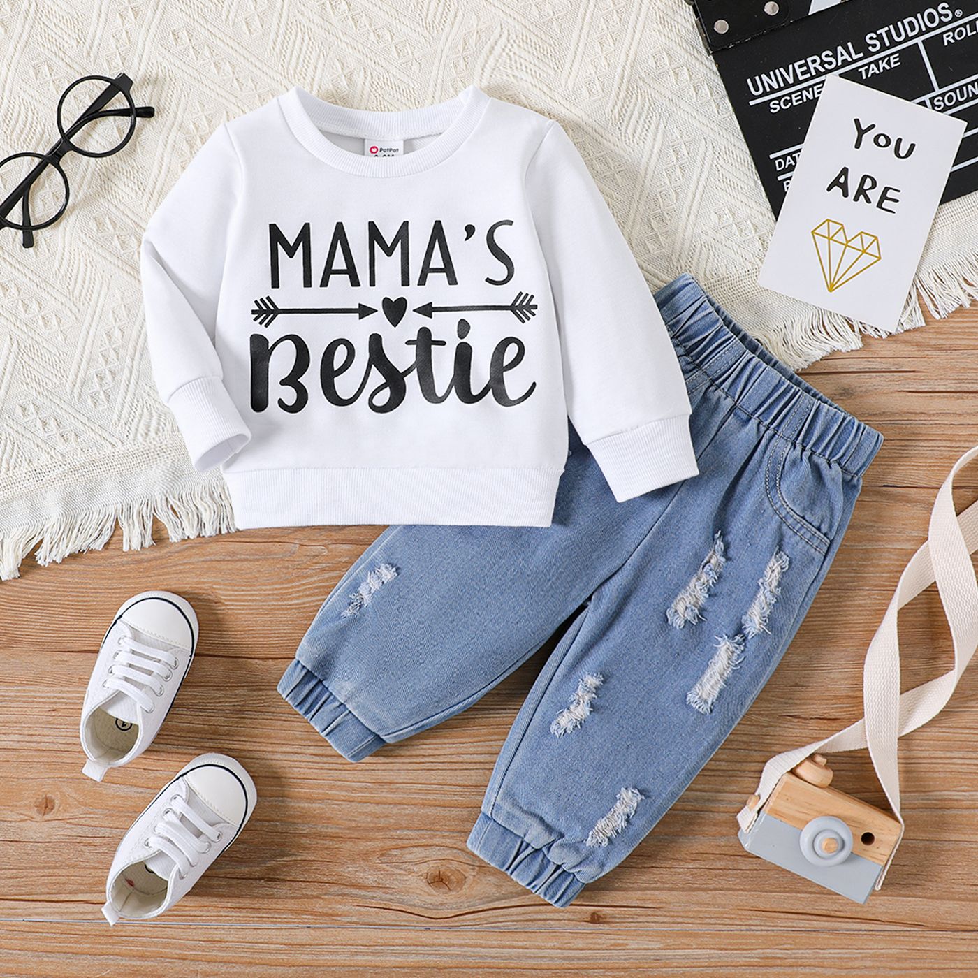 

2pcs Baby Girl Letter Print Long-sleeve Sweatshirt and Ripped Jeans Set