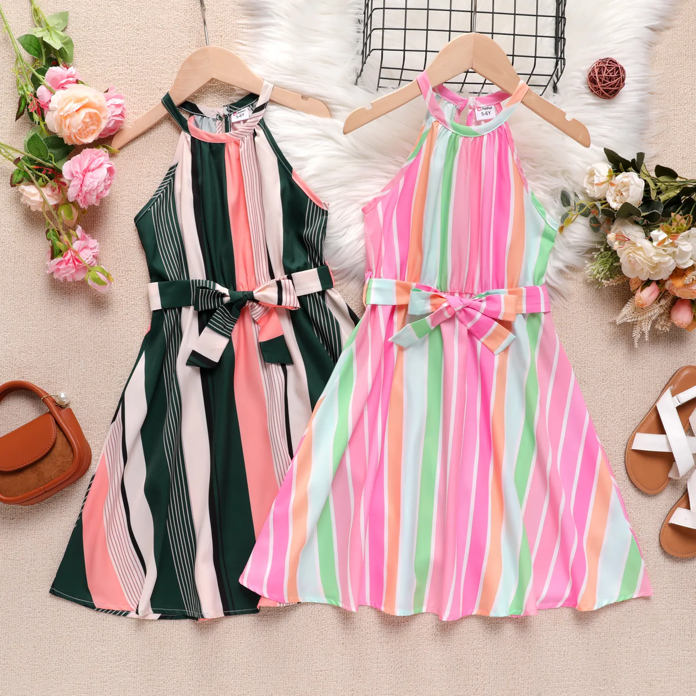 Kid Girl Stripe Belted Halter Dress