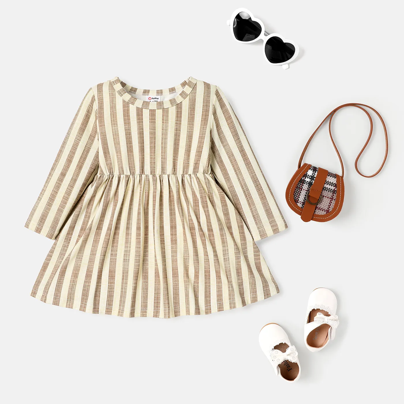 Baby Girl Solid or Striped/Butterfly Print Long-sleeve Naia™ Dress Apricot