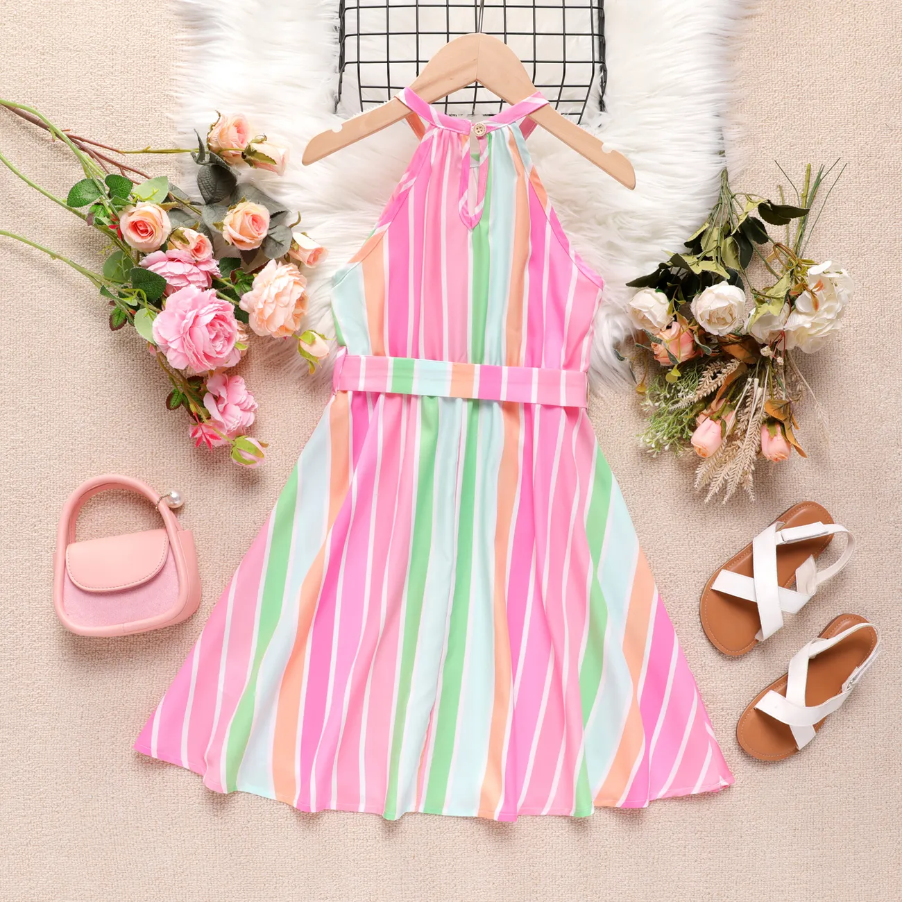 Kid Girl Stripe Belted Halter Dress Pink big image 1