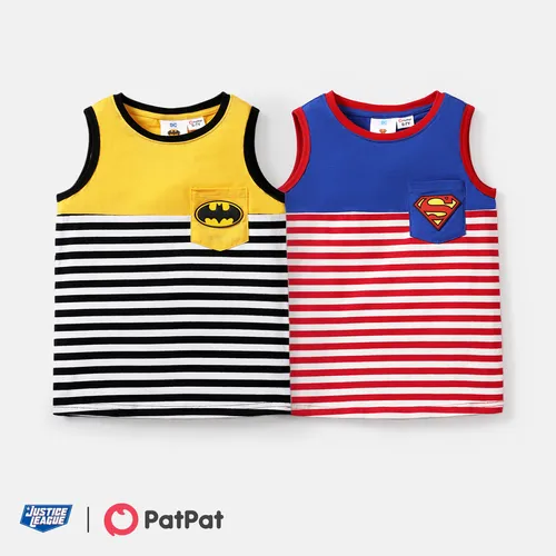 Justice League Kid Boy 100% Cotton rubber patch Logo Pocket Design Stripe Tank Top