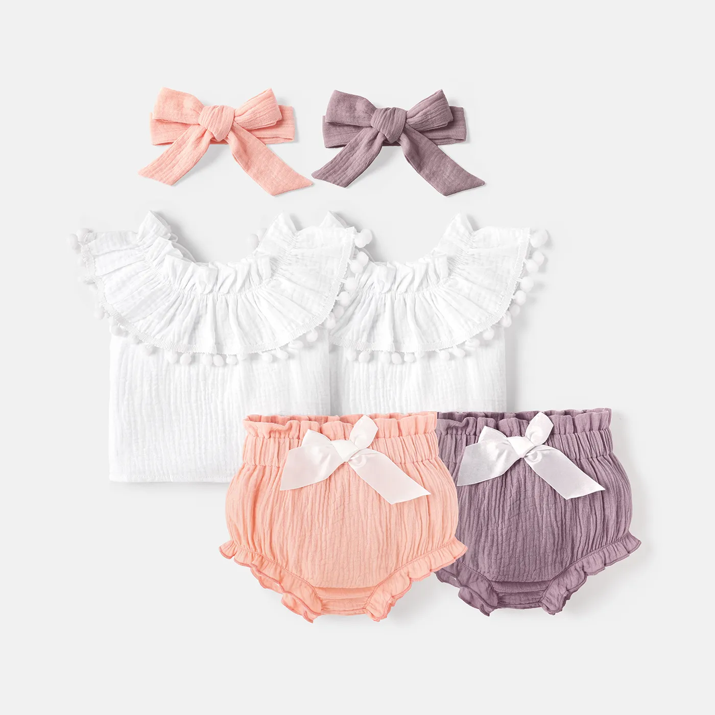 

3pcs Baby Girl 100% Cotton Crepe Ruffle Trim Off Shoulder Pom Poms Top and Bow Front Shorts with Headband Set
