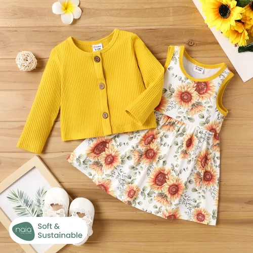 2pcs Baby Girl Allover Sunflower Print Naia™ Tank Dress and Solid Ribbed Long-sleeve Cardigan Set