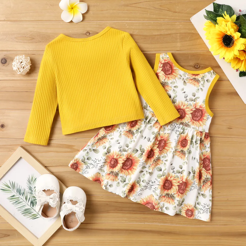 2pcs Baby Girl Allover Sunflower Print Naia™ Tank Dress and Solid Ribbed Long-sleeve Cardigan Set big image 2