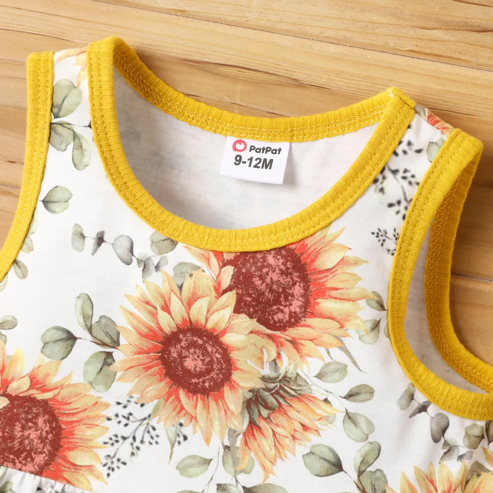2pcs Baby Girl Allover Sunflower Print Naia™ Tank Dress and Solid Ribbed Long-sleeve Cardigan Set  big image 3