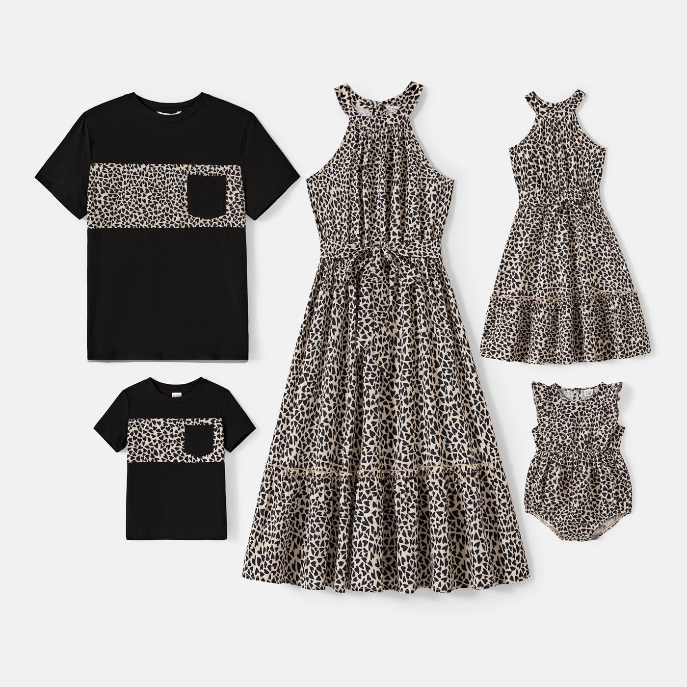 

Family Matching Cotton Short-sleeve Spliced T-shirts and Leopard Print Halter Neck Sleeveless Belted Dresses Sets