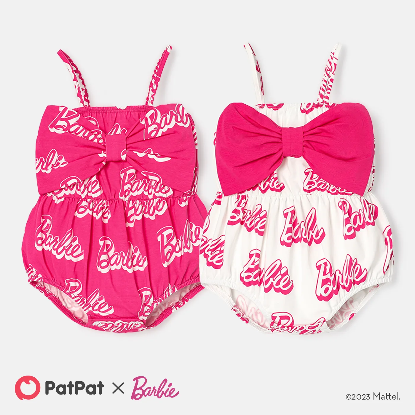 Barbie Baby Girl 95% Cotton Allover Letter Print Bow Front Cami Romper