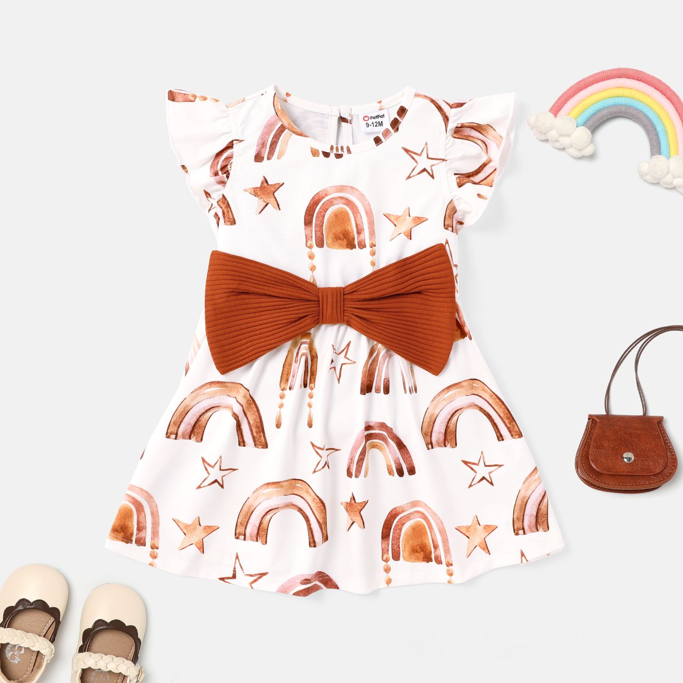Baby Girl Cotton Ribbed Bow Front Allover Rainbow & Star Print Flutter-sleeve Naiatm Dress