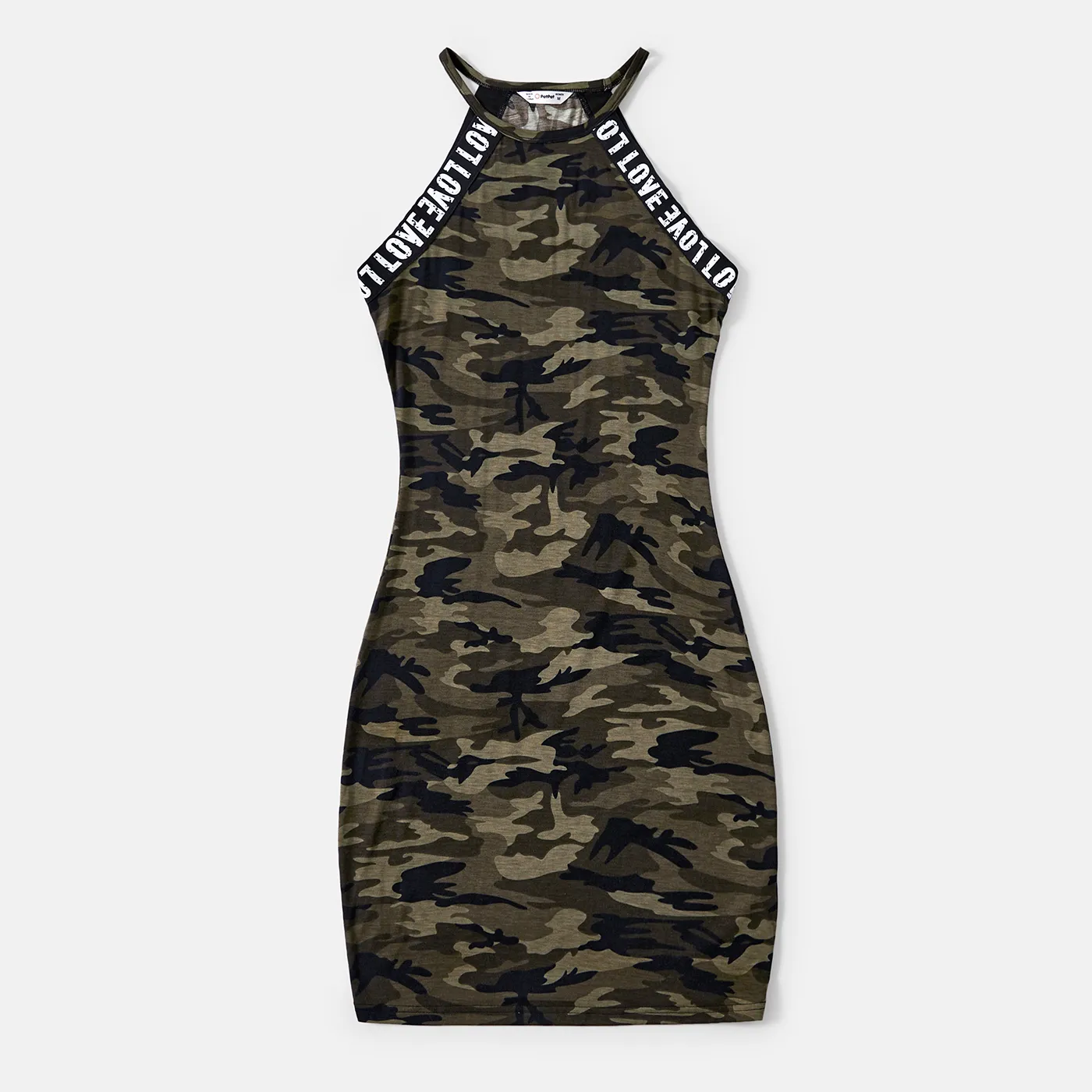 Family Matching Letter Design Camouflage Halter Neck Sleeveless Bodycon Dresses and Cotton Short-sle