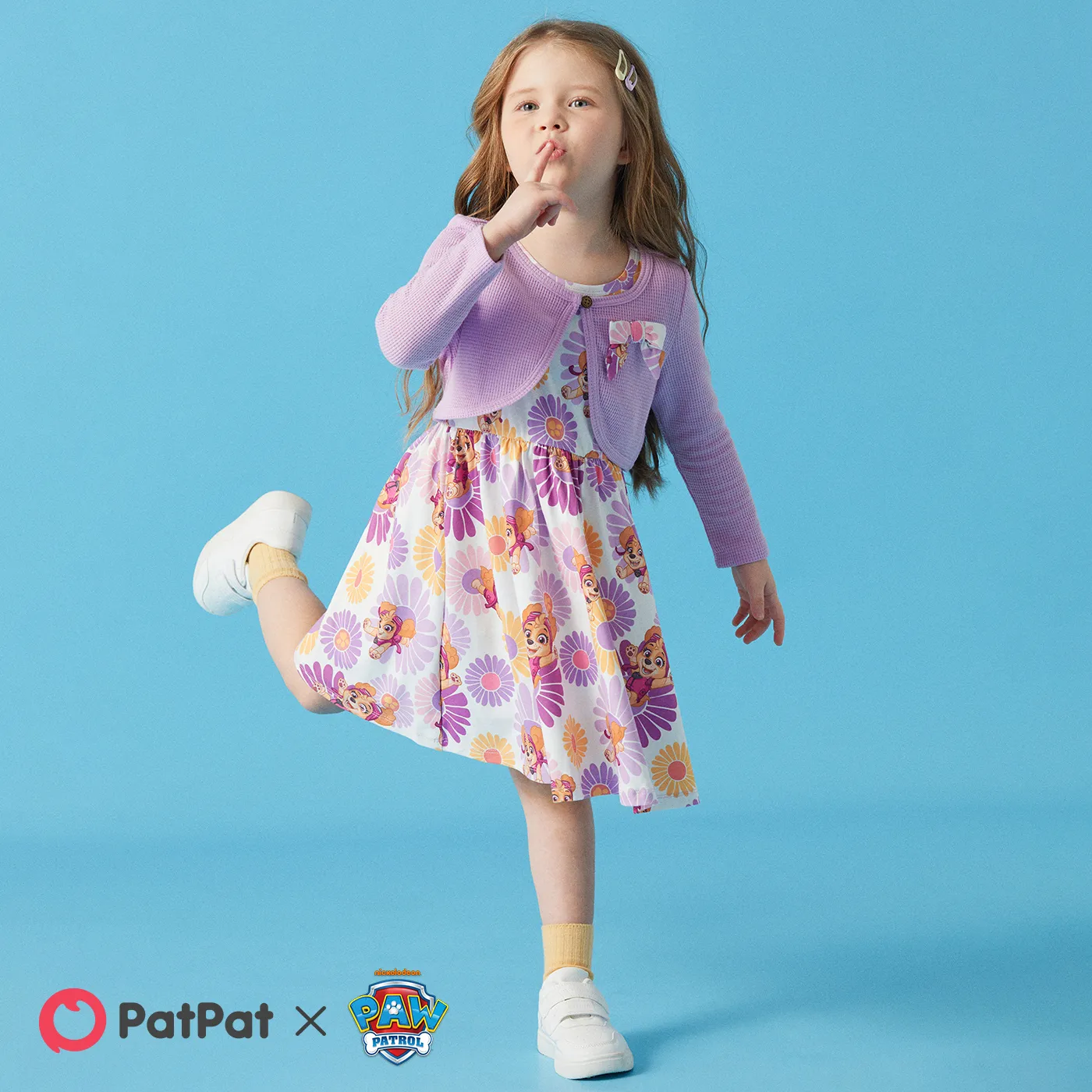 PAW Patrol 2pcs Toddler Girl Naia Floral Print Sleeveless Dress and Bowknot Design Cotton Cardigan Set Purple image 6