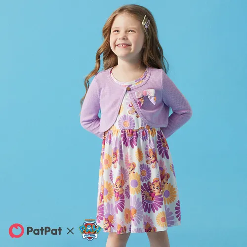 PAW Patrol 2pcs Toddler Girl Naia Floral Print Sleeveless Dress and Bowknot Design Cotton Cardigan Set
