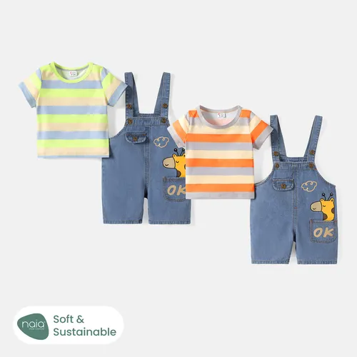 2pcs Baby Boy/Girl 95% Cotton Giraffe Graphic Denim Overalls Shorts and Short-sleeve Striped Naia™ Tee Set