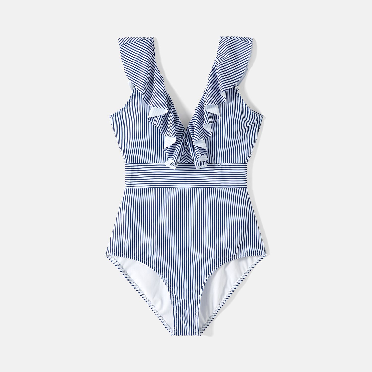 

Family Matching Blue Pinstriped Ruffle Trim One-piece Swimsuit and Swim Trunks