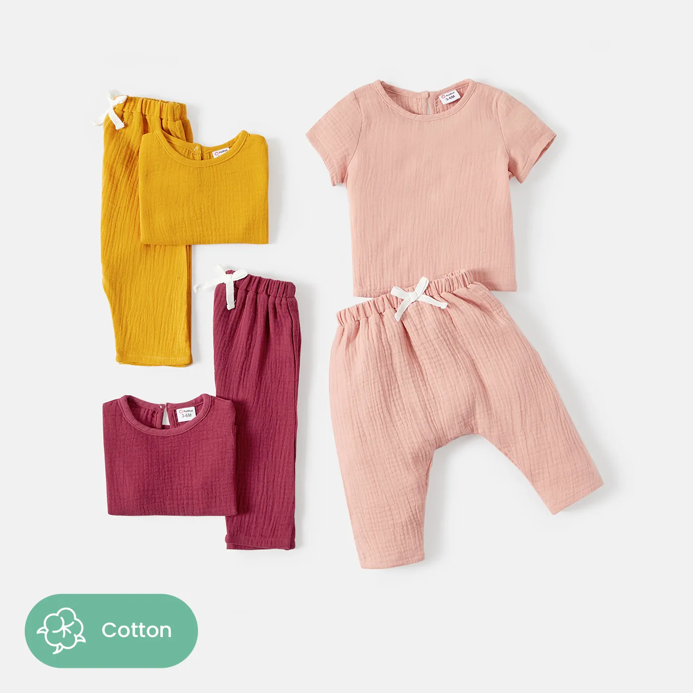 2pcs Baby Girl/Boy 100 Cotton Button Design Solid Color Crepe Tee and Pants Set DarkOrange image 6