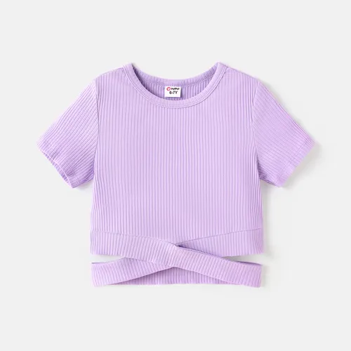 Kid Girl Cotton Solid Color Crisscross Short-sleeve Tee