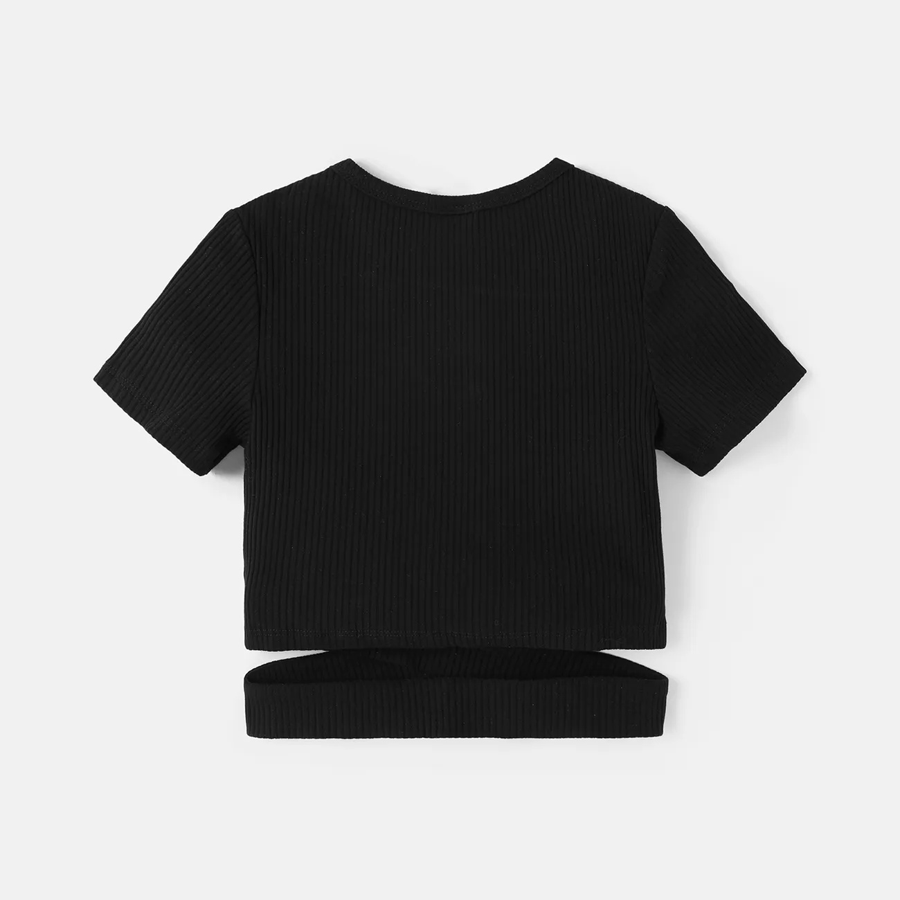 Kid Girl Cotton Solid Color Crisscross Short-sleeve Tee Black big image 1