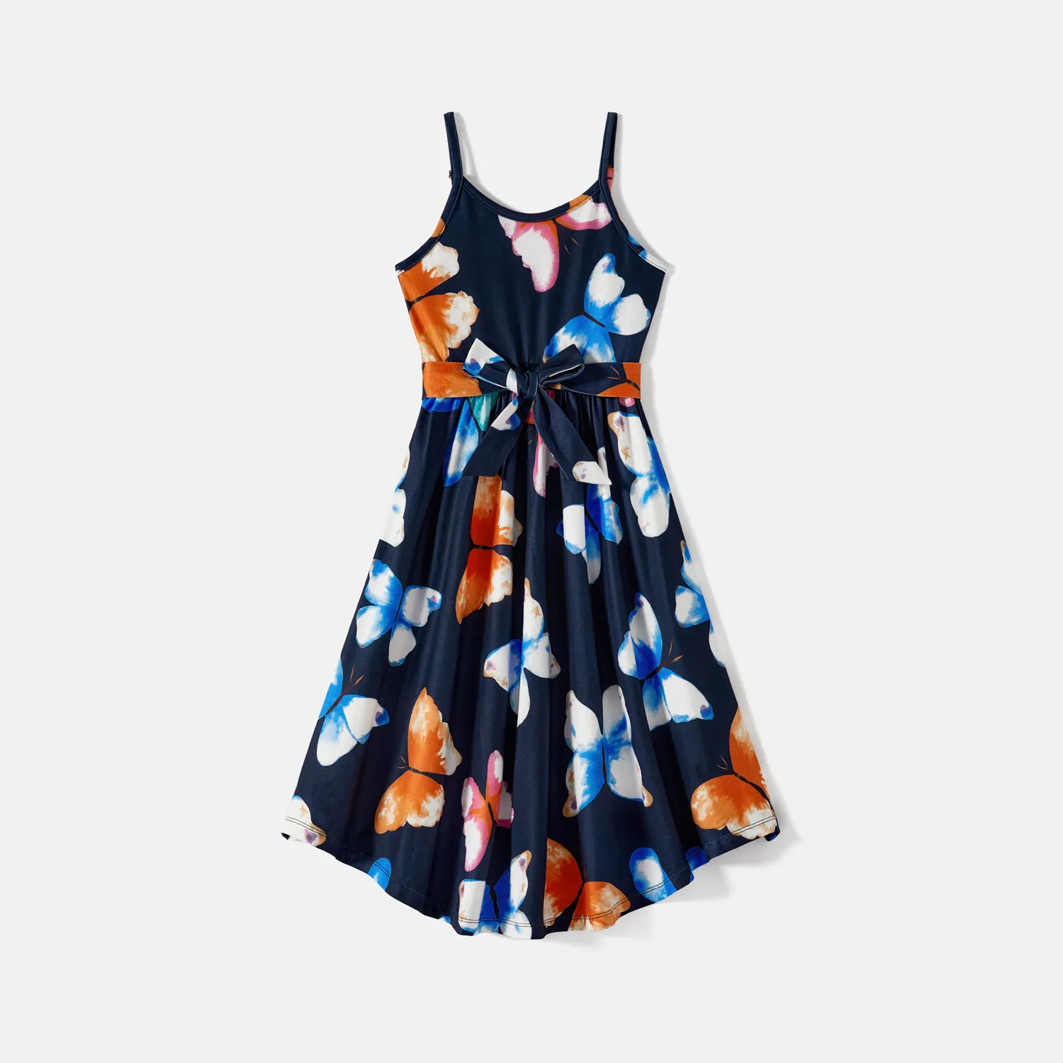 Mommy and Me Allover Colorful Butterfly Print One Shoulder Sleeveless Belted Dresses