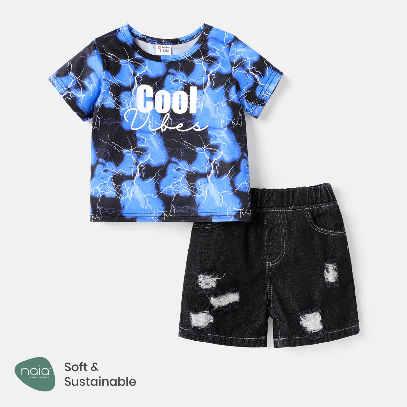 

2pcs Baby Boy Short-sleeve Letter Graphic Allover Print Naia™ Tee and Ripped Denim Shorts Set