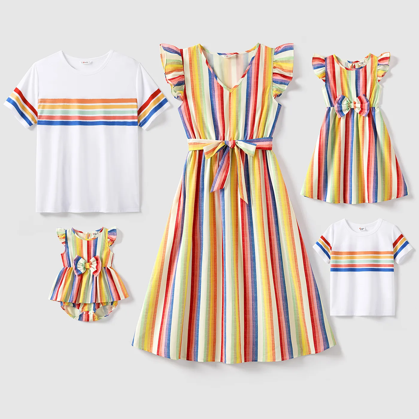 Family Matching Colorful Striped V Neck Flutter-sleeve Dresses and Short-sleeve T-shirts Sets  big image 6