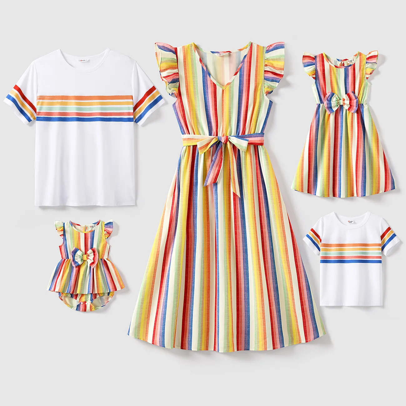 Family Matching Colorful Striped V Neck Flutter-sleeve Dresses and Short-sleeve T-shirts Sets COLOREDSTRIPES big image 1