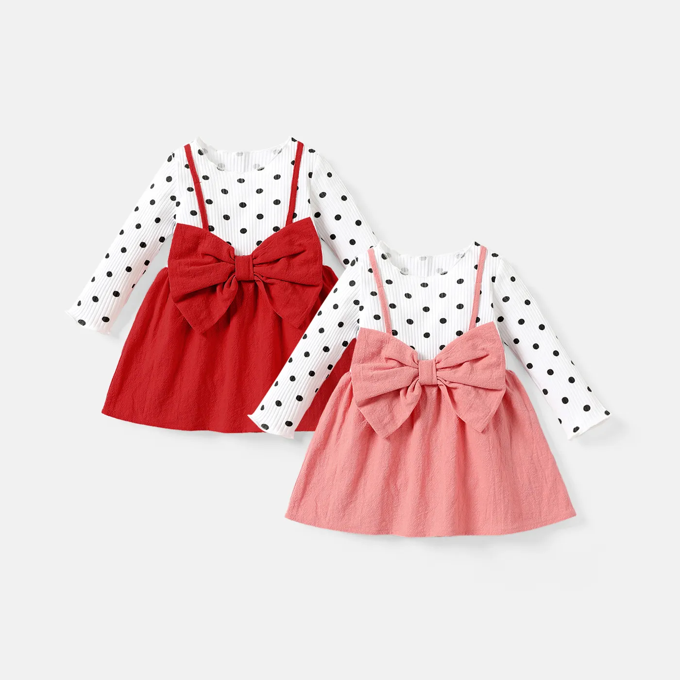 Baby Girl 100% Cotton Solid & Dots Spliced Ribbed Long-sleeve Bow Front Dress  image 2