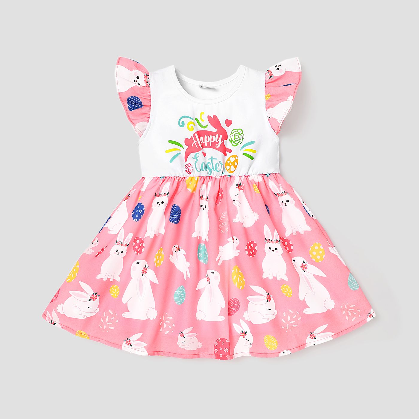 

Easter Baby Girl Cotton Letter & Rabbit Print Spliced Flutter-sleeve Dress